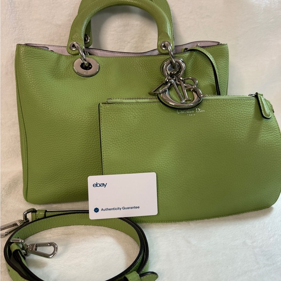 Dior Handbags - Dior Green Pebbled Leather Medium Issime Shopper Tote with Detachable Pouch